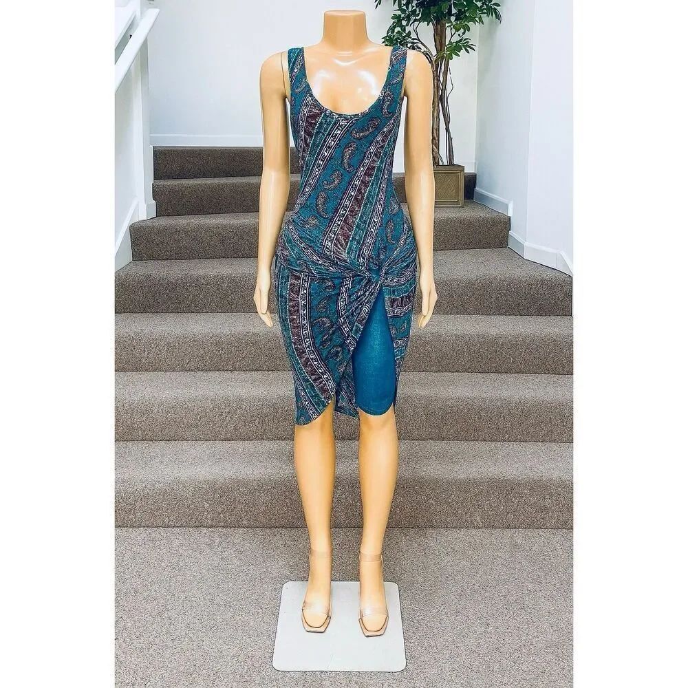NWT See you Monday Teal Blue Paisley Print Ribbed Cinched Side Sleeveless Dress